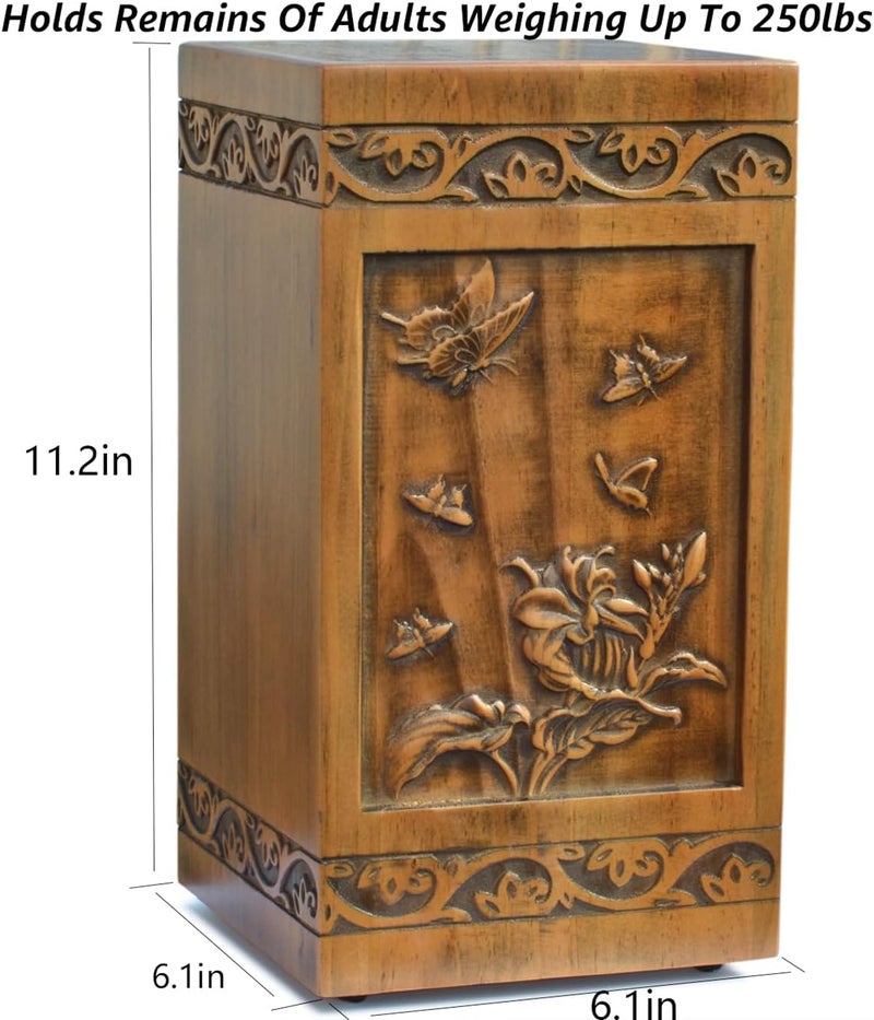 engmvwod Handmade Wooden Engraved Urn for Human Ashes Adult Male Female Satin Bag Cremation urns Box (Butterfly(250lbs)) - Image 2